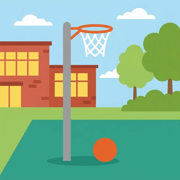 White netball hoop and net on gray post in school courtyard with orange ball on ground red brick building and green grass