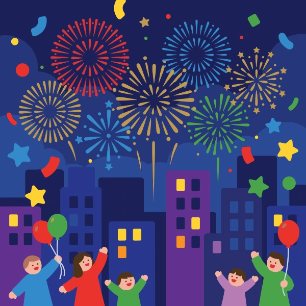 Children celebrating under colorful fireworks over city skyline at night with balloons, confetti, and stars