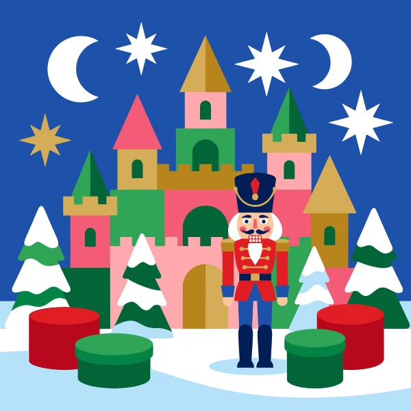 Nutcracker soldier in red uniform standing before pink, green, and gold castle on snowy night with moons and stars