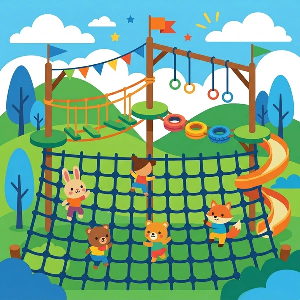 Child climbing over large green cargo net obstacle with checkered course markers blue water obstacle and green trees