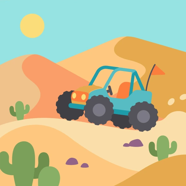 Turquoise, charcoal, and teal off-road buggy crossing sandy ground with dunes, warm hills, cacti, or a bright sun.