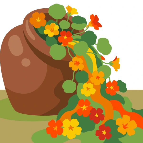 Pink, orange, and purple small flowers lining both sides of a winding dirt path beside a large tree with rolling green hills and yellow sky beyond