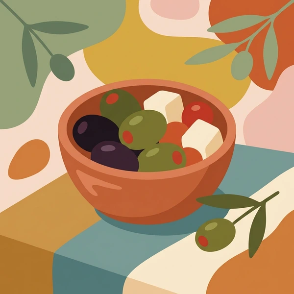 Olive In Appetizer Bowl scene showing green and black olives, pimento stuffing, olive oil brine, and boho bowl presentation in a food coloring puzzle