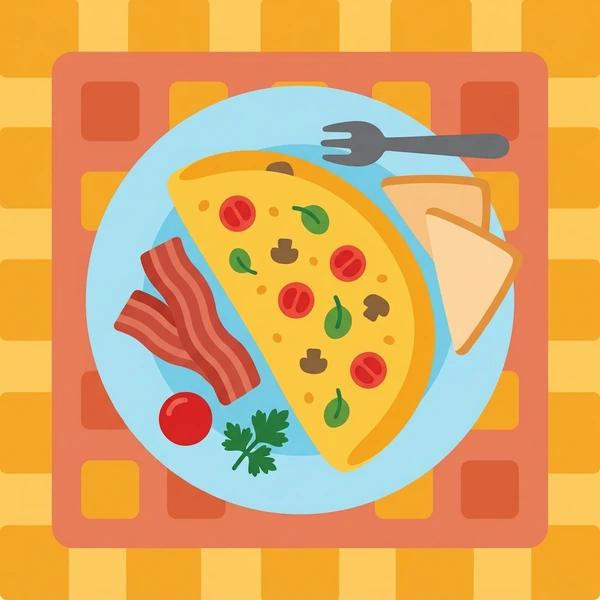 Omelet On Breakfast Plate scene showing folded omelet, herb and cheese filling, golden egg surface, and breakfast plate in a food coloring puzzle