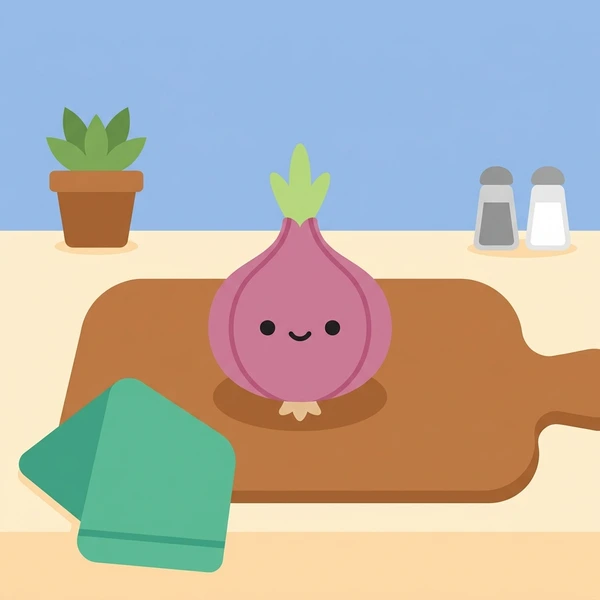 Onion On Kitchen Board scene showing whole and halved onion, papery skin, inner layers, and kitchen cutting board in a food coloring puzzle