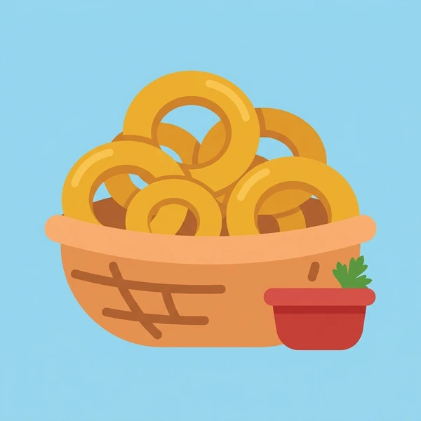 Onion Rings In Basket scene showing battered onion rings, golden crispy coating, dipping sauce, and basket presentation in a food coloring puzzle