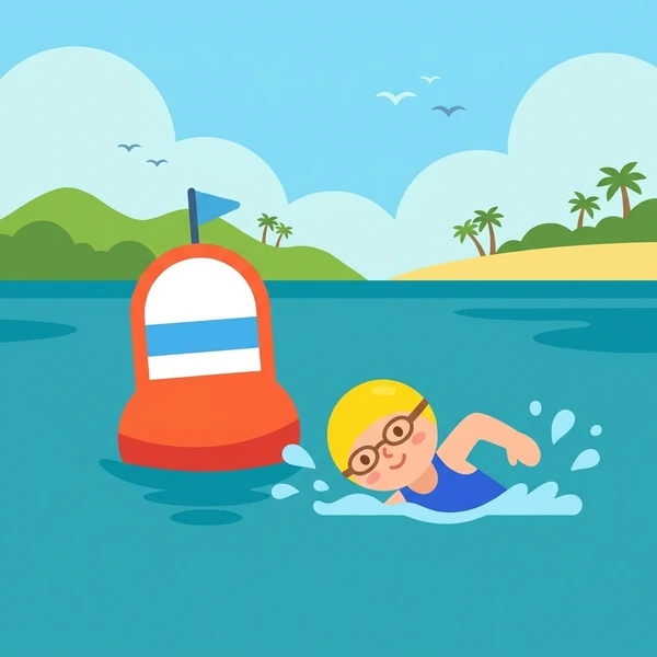 Swimmer with yellow goggles in blue ocean reaching red and white buoy marker with tropical palm trees on distant green shoreline