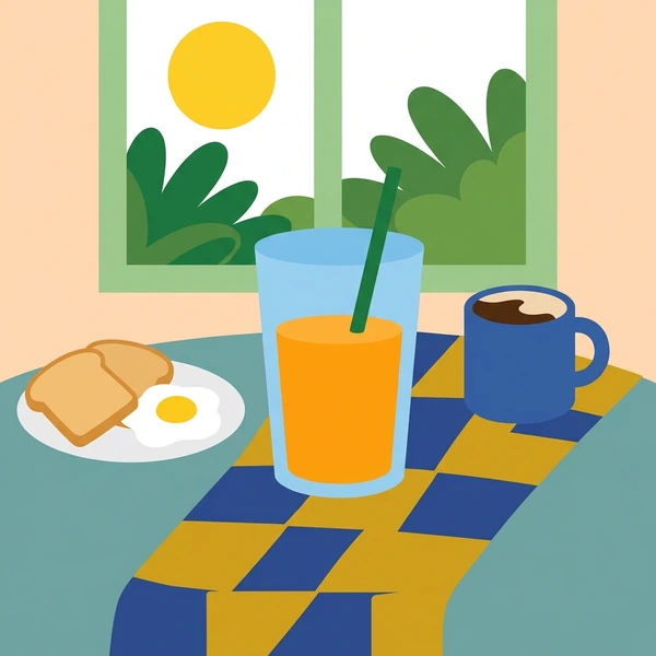 Orange Juice At Breakfast scene showing orange juice glass, fresh squeezed pulp, orange slice garnish, and breakfast table in a food coloring puzzle