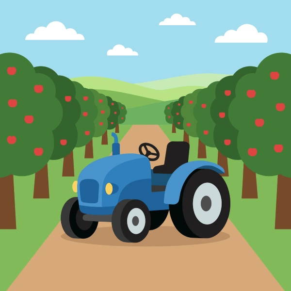Deep blue, black, and mint green orchard tractor between trees in fields with barns, crop rows, hay bales, or farm animals under a bright sky.