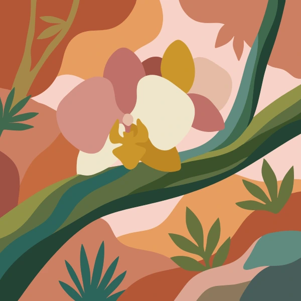 A cream and gold orchid flower with dusty rose petals on a curved teal-green branch surrounded by tropical leaves and bamboo in warm terracotta tones