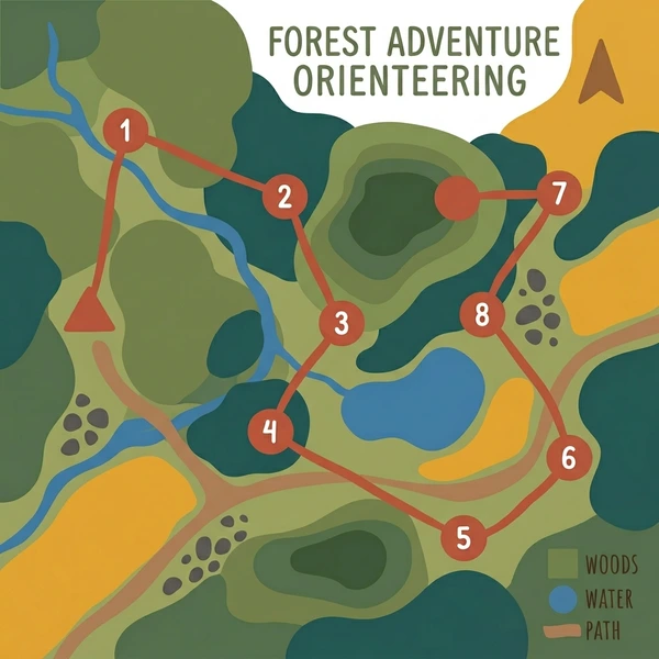 Detailed orienteering race map showing green forest areas blue water features tan path lines and numbered checkpoints 1 through 8