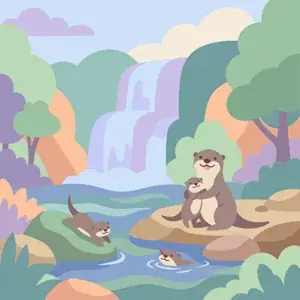 Otter Family by a Waterfall