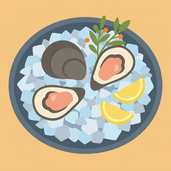 Oysters On Ice scene showing raw oyster shells, cream oyster interior, crushed ice bed, and lemon garnish in a food coloring puzzle