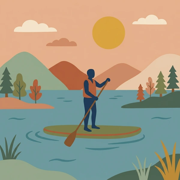 Paddleboarder in navy clothing standing on board on calm lake with mountain and palm tree backdrop