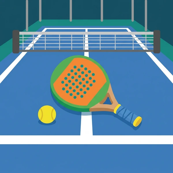 Orange-faced padel racket with wooden handle resting on blue court surface beside a yellow ball, enclosed net visible
