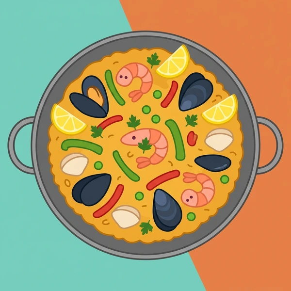 Paella In Skillet scene showing saffron rice, shrimp, mussels, peas, and traditional paella pan in a food coloring puzzle