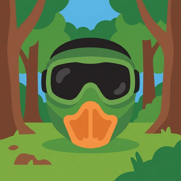 Green paintball protective mask with black visor on green grass surrounded by brown-trunked trees in outdoor field