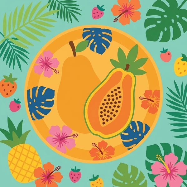 Papaya On Tropical Platter scene showing papaya halves, orange flesh, black seed cave, skin exterior, and tropical platter in a food coloring puzzle