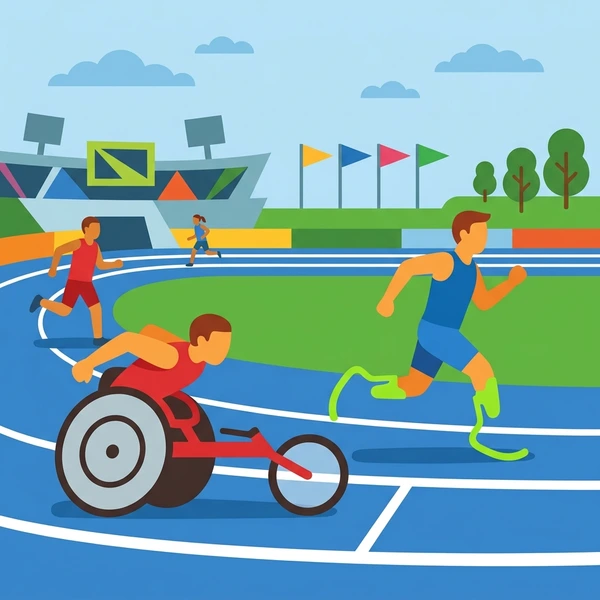 Multiple para-athletes on bright blue track including wheelchair racers and runners competing in modern stadium setting