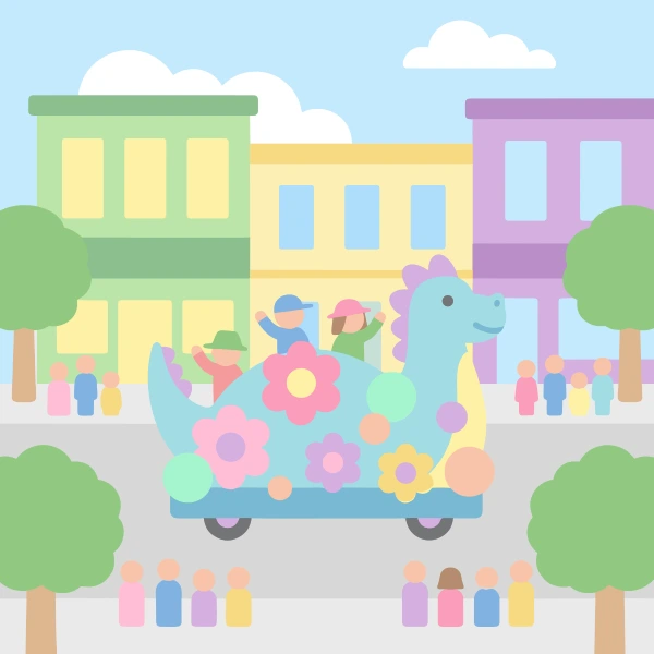 Light blue, cream, and mint green parade float surrounded by bunting, crowds, tents, animals, or bright signs.