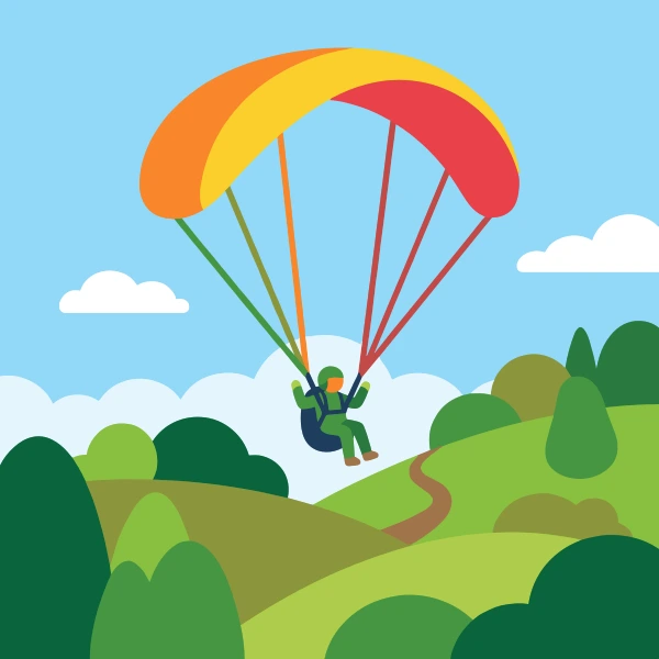 Mint green, white, and powder blue paraglider among trees, hills, or mountains with a winding path or river nearby.