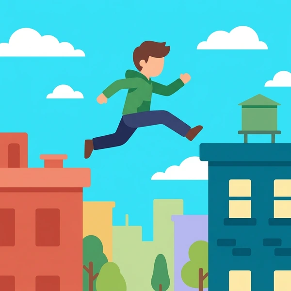 Parkour athlete mid-leap across urban rooftops against bright cyan sky with red, orange, green, purple and yellow buildings