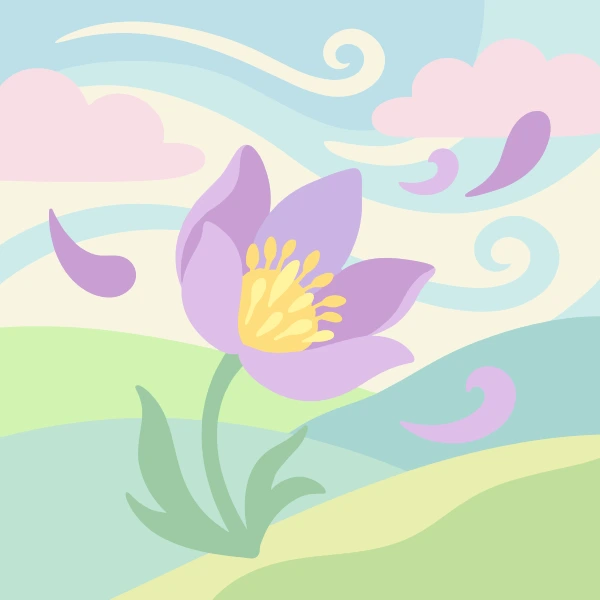 Purple pasque flower with golden center swaying in a swirling spring breeze, soft pastel hills and pink clouds behind it