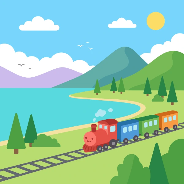 Turquoise, light gray, and teal passenger train floating on calm blue water with soft hills, trees, and light clouds behind.