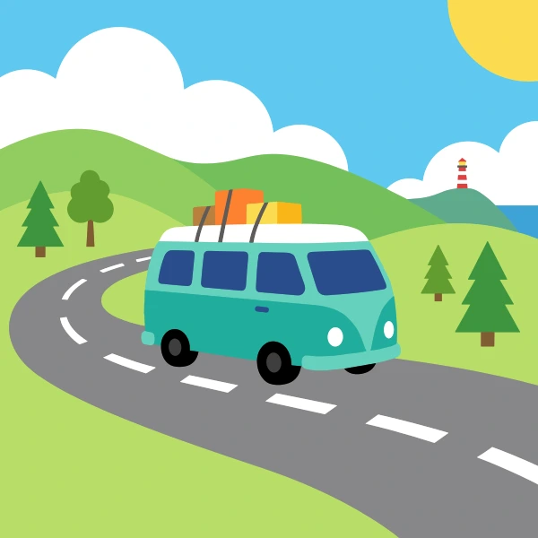 Passenger van on road trip, colored teal, navy blue, and black, with turquoise above and gray below.