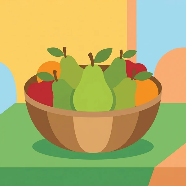 Pear In Fruit Basket scene showing pear fruits, smooth skin, rosy cheek detail, stem, and woven basket setting in a food coloring puzzle