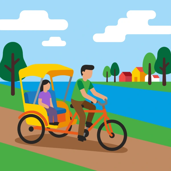 Deep blue, earth brown, and forest green pedicab beside blue water with green banks, trees, and a wide bright sky.