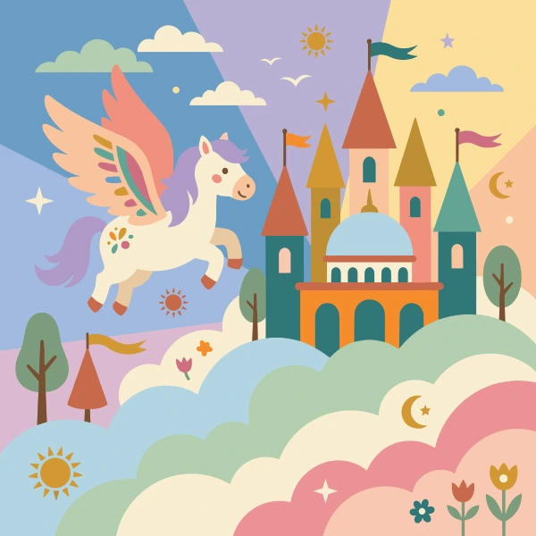 White pegasus with rainbow colored wings flying near a colorful castle sitting on clouds