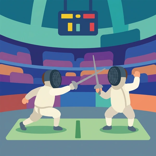 Two fencers in white protective suits and metal masks engaged in a duel inside a stadium with colorful purple, blue, and orange seating