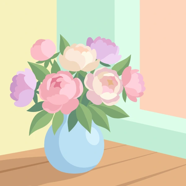 Pink, cream, and lavender peony blooms in a round blue vase on a wooden table with pastel yellow and green walls in the background