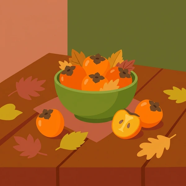 Persimmon On Autumn Table scene showing persimmon fruits, orange skin, green calyx, autumn table, and harvest season context in a food coloring puzzle