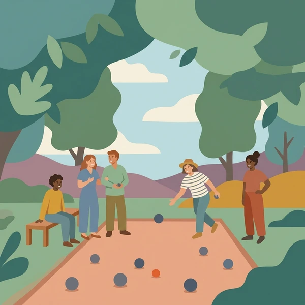 Several players gathered under leafy trees playing petanque with metal boules scattered on sandy ground in a park setting