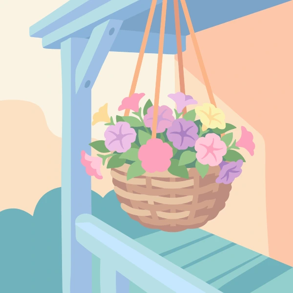 Wicker hanging basket overflowing with pink, purple, and yellow petunias suspended from a pale blue porch beam with teal railings below
