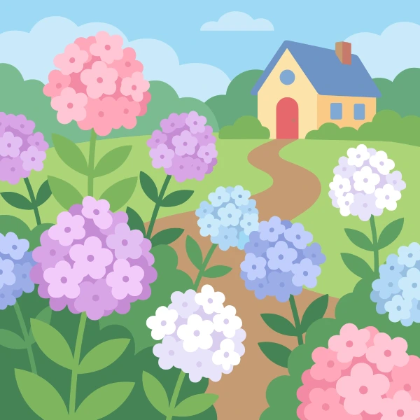 Pink purple blue and white hydrangea pompom clusters on tall stems lining a winding dirt path leading to a yellow cottage with a blue roof and red door
