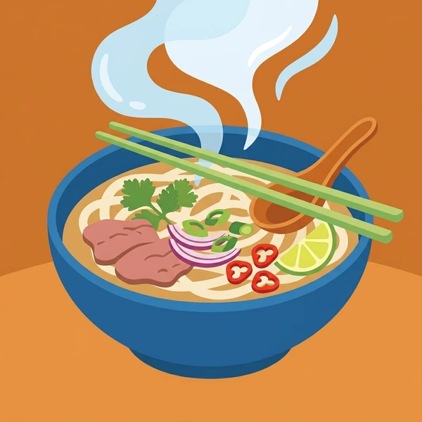 Pho In Steaming Bowl scene showing pho broth bowl, rice noodles, rare beef slices, bean sprouts, basil, and lime in a food coloring puzzle