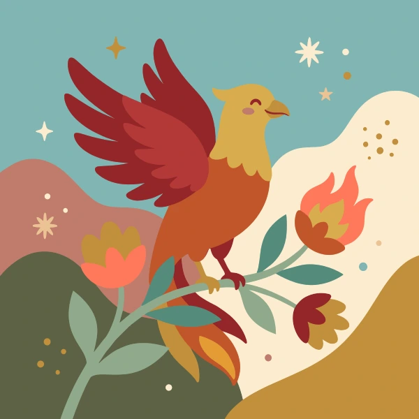 Phoenix bird perched on a flowering branch with fire blossoms under a starry sky