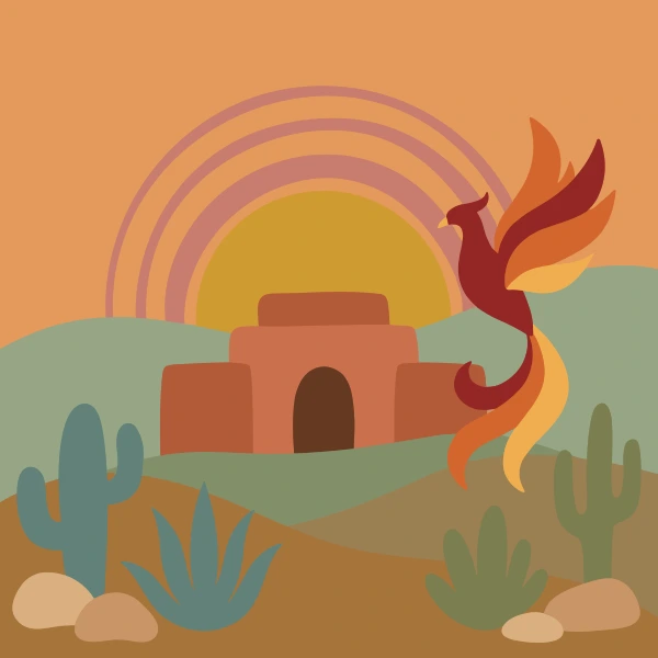 Phoenix flying near an ancient temple pyramid at sunrise with desert cacti in foreground