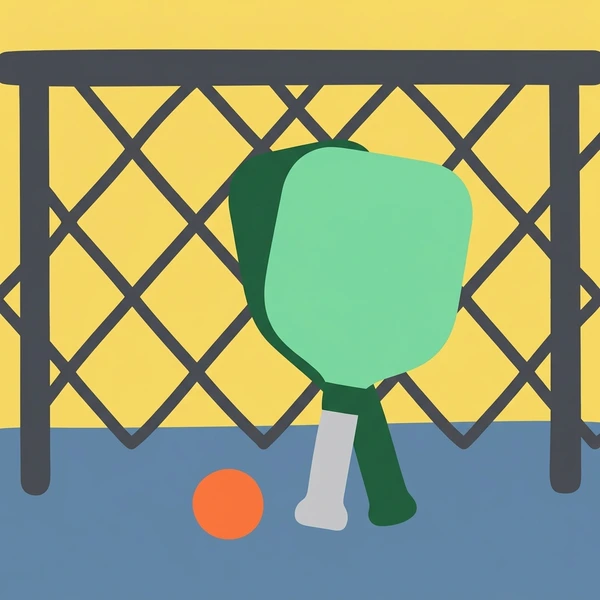 Green pickleball paddle with large hitting surface leaning against dark fence beside orange ball with yellow and blue court background