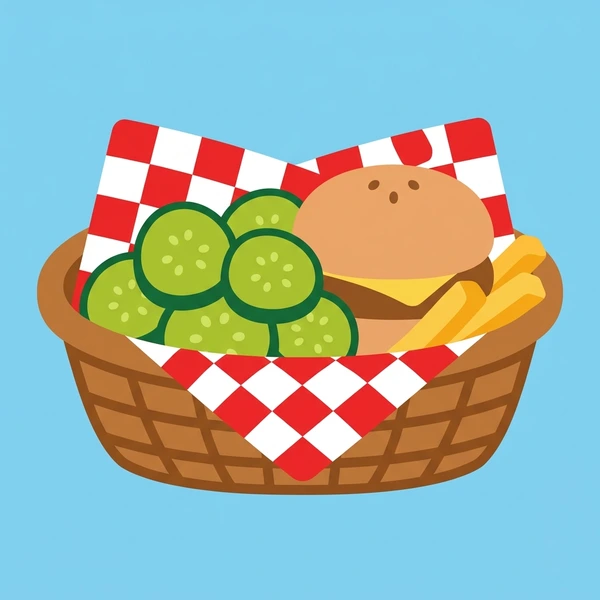 Pickles In Burger Basket scene showing pickle slices and spears, dill herb, burger basket setting, and condiment context in a food coloring puzzle