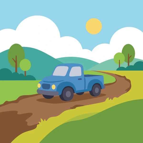 Pickup truck on dirt road, colored teal, deep blue, and brown, with sky blue above and olive green below.