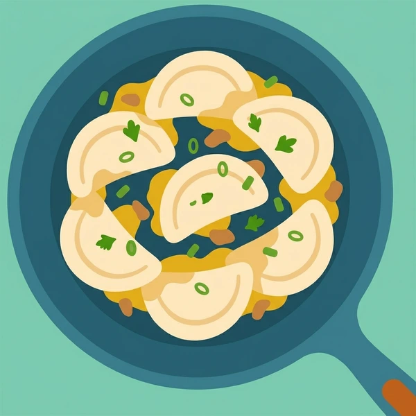 Pierogi In Butter Pan scene showing pierogi dumplings, fried butter edges, caramelized onion, and cast iron pan in a food coloring puzzle