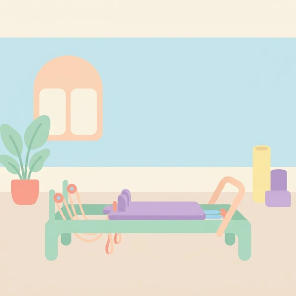 Mint green pilates reformer machine in bright studio with large blue windows, potted plant, and peach-pink walls