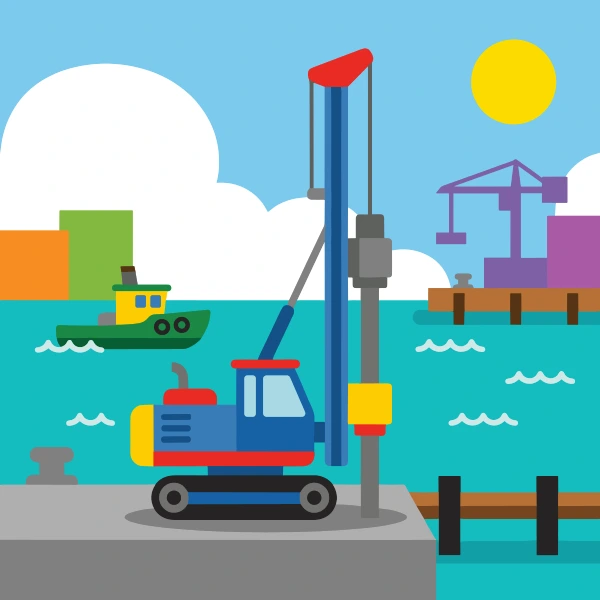 Deep blue, earth brown, and navy blue pile driver on blue harbor water with docks, boats, cranes, or shoreline buildings.