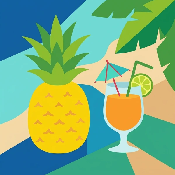 Pineapple By Tropical Drink scene showing pineapple fruit, crown leaves, tropical cocktail or drink, and summer beach setting in a food coloring puzzle