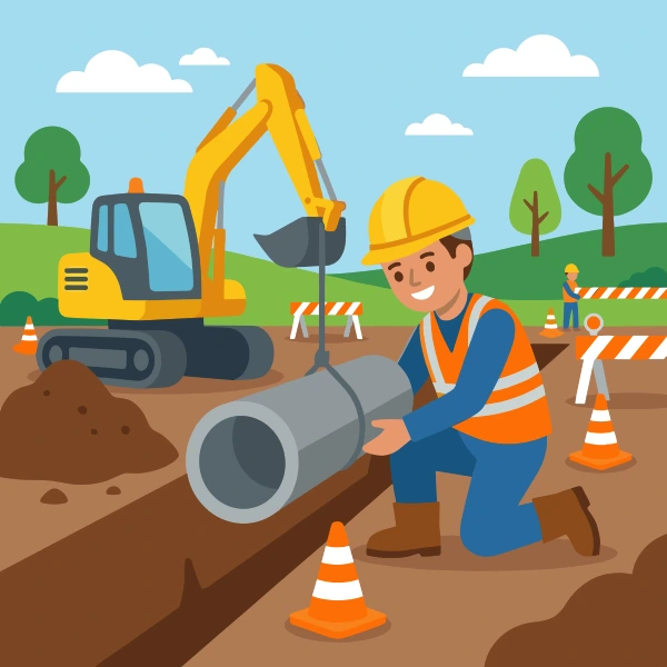 Pipe layer in gray, charcoal, and grass green in work zone, with light blue sky and brown ground.