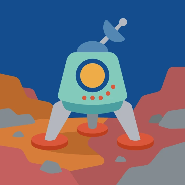 Mint green, gray, and teal planetary lander set against stars, planets, moons, or glowing space colors.